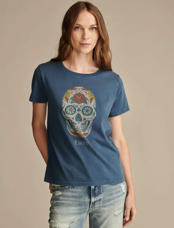 Lucky Sugar Skull Classic Crew Dark Denim Women Lucky Brand Graphic Tees
