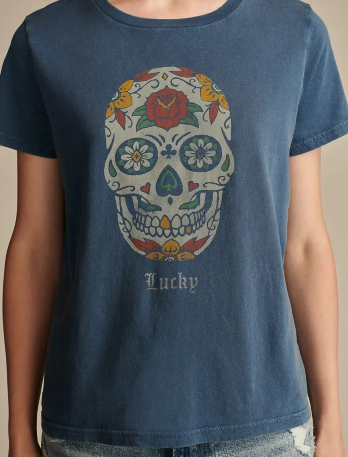 Lucky Sugar Skull Classic Crew Dark Denim Women Lucky Brand Graphic Tees