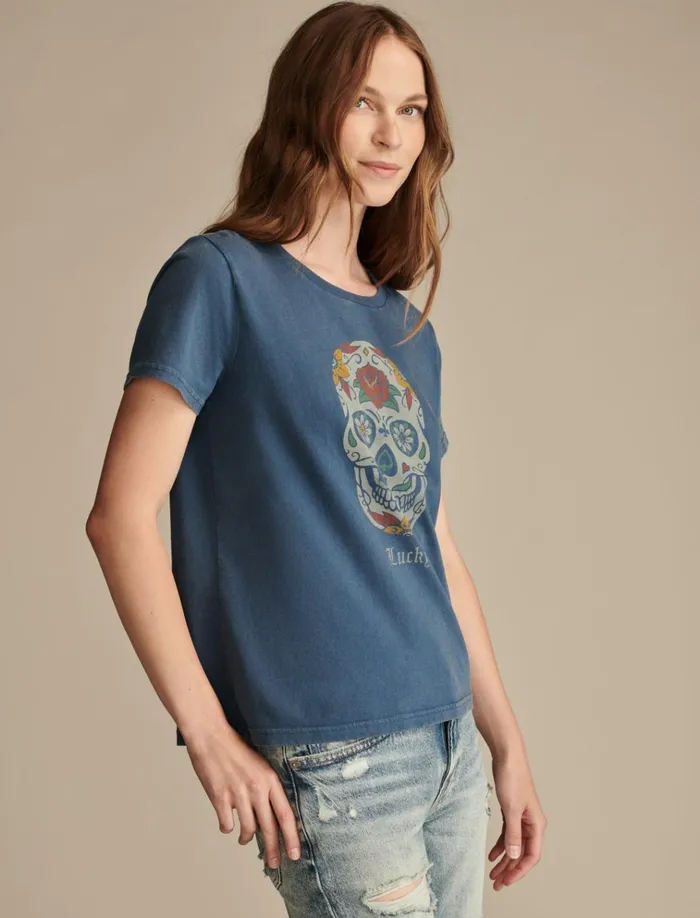 Lucky Sugar Skull Classic Crew Dark Denim Women Lucky Brand Graphic Tees
