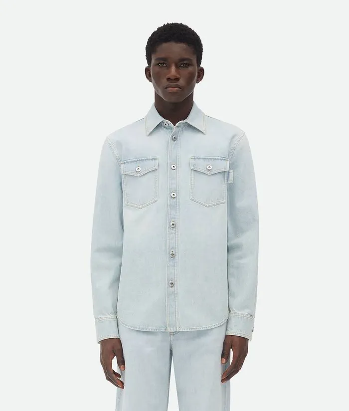 Men Bottega Veneta Shirts Extra Bleached Denim Overshirt Light Blue