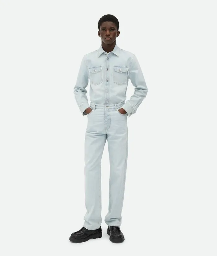 Men Bottega Veneta Shirts Extra Bleached Denim Overshirt Light Blue