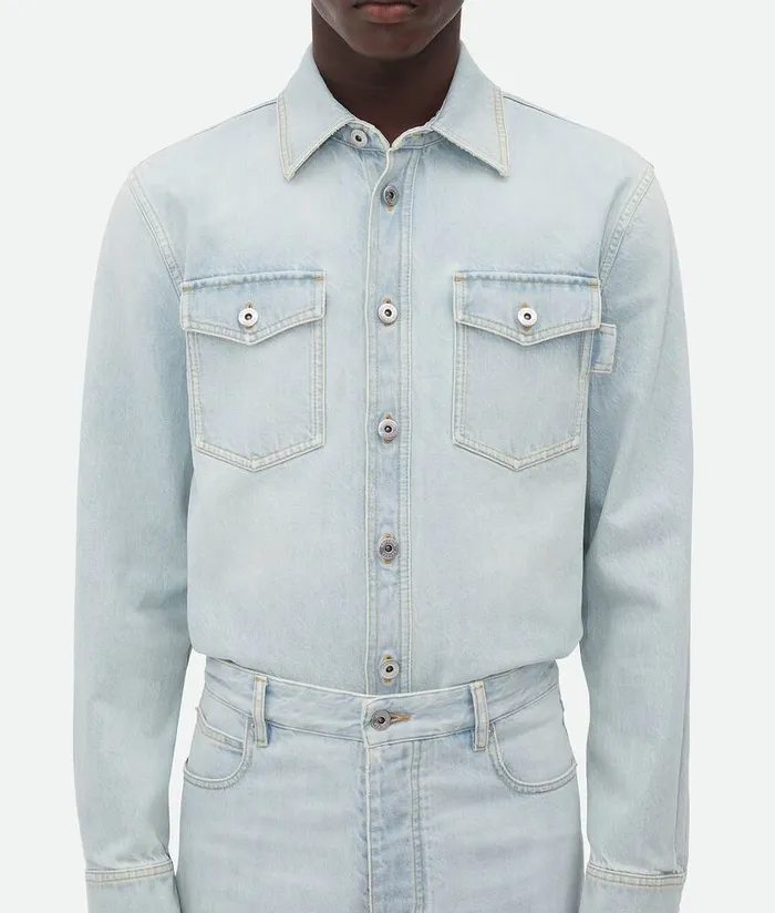 Men Bottega Veneta Shirts Extra Bleached Denim Overshirt Light Blue