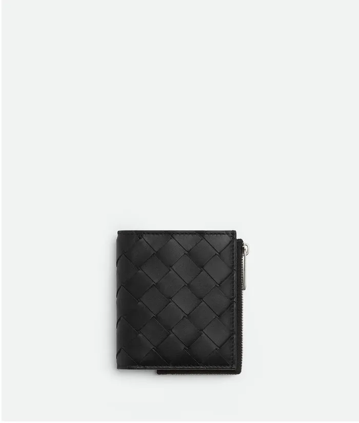 Men Bottega Veneta Small Wallets Intrecciato BiFold Wallet With Zip Black