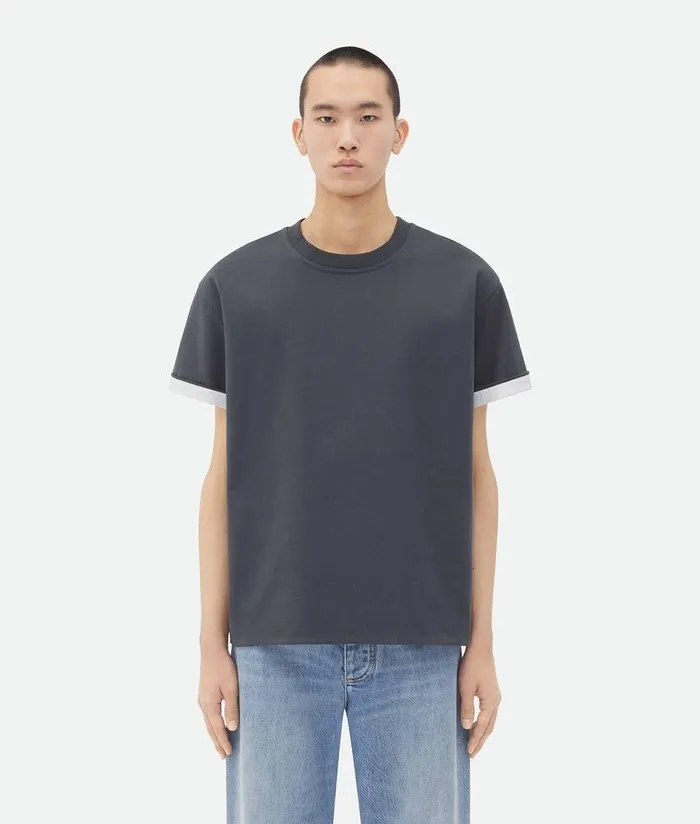 Men Bottega Veneta TShirts Double Layer Cotton Check TShirt Shadow