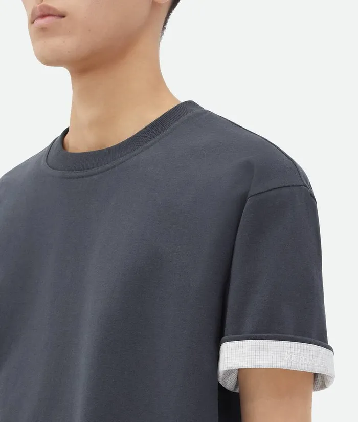 Men Bottega Veneta TShirts Double Layer Cotton Check TShirt Shadow