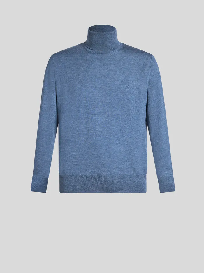 Men Etro Knitwear Wool Turtleneck With Embroidery Light Blue