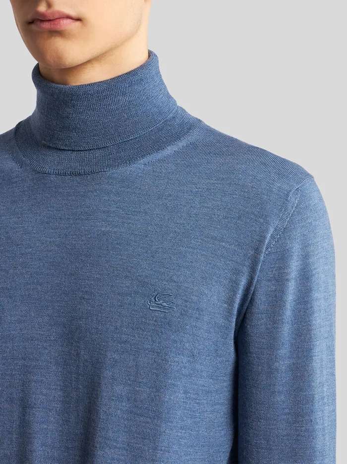 Men Etro Knitwear Wool Turtleneck With Embroidery Light Blue Men Etro Knitwear Wool Turtleneck With Embroidery Light Blue