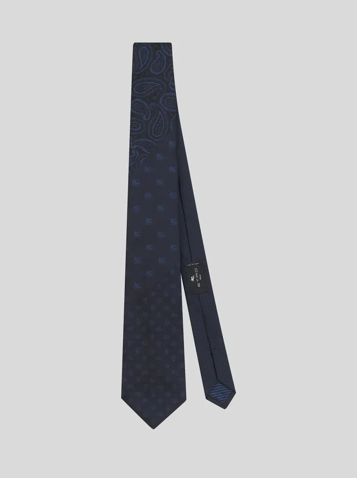 Men Etro Ties And Pocket Squares Silk Tie With Paisley Designs Navy Blue