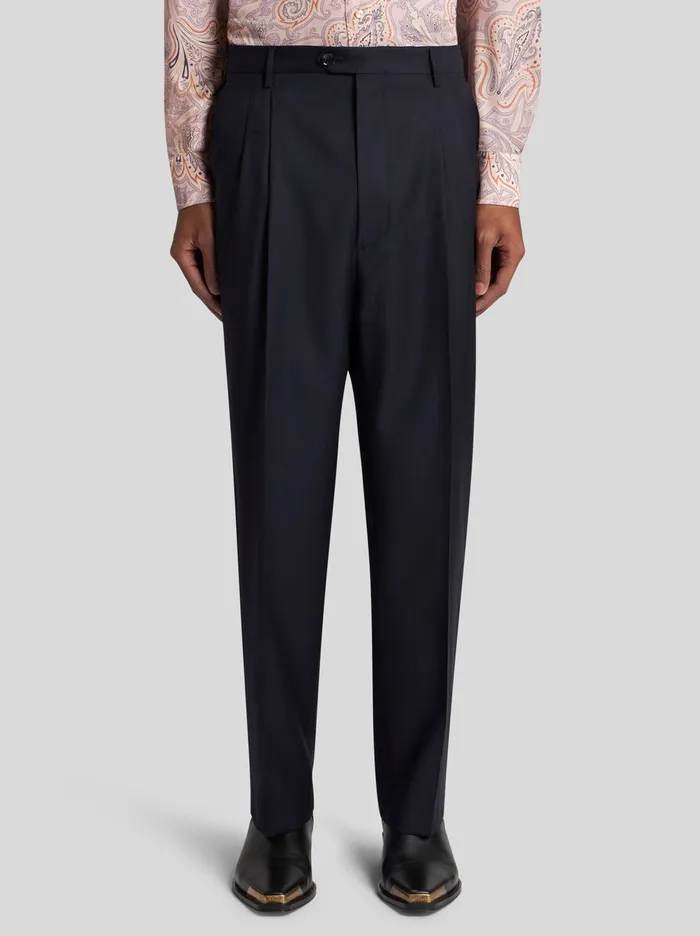 Men Etro Trousers Wool Trousers With Pleats Navy Blue Men Etro Trousers Wool Trousers With Pleats Navy Blue