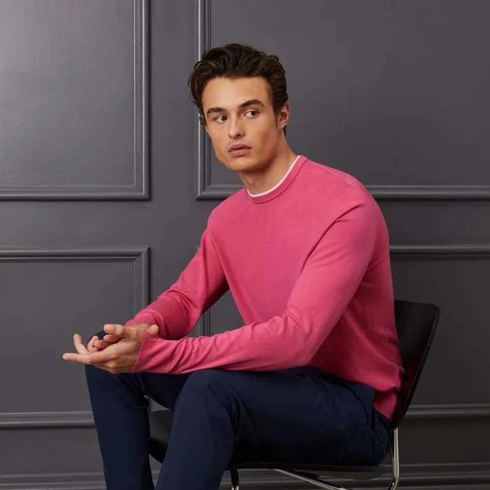 Men GFORE Pink Contrast Merino Wool Blend Slim Fit Crewneck Golf Sweater