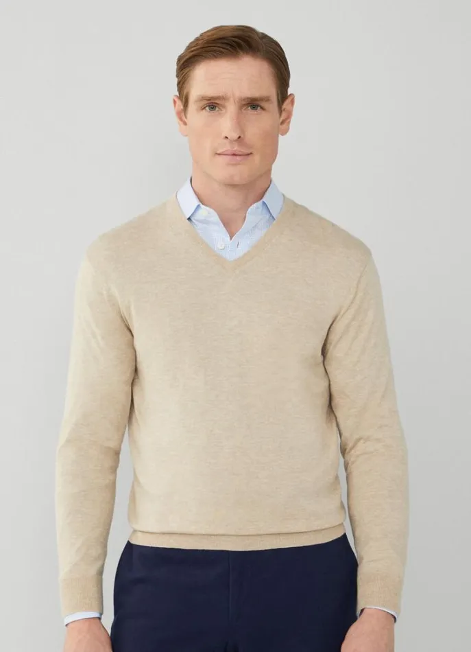 Men Knitwear Hackett London Cotton And Cashmere VNeck Jumper Taupe Beige