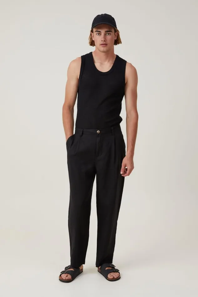 Men Pants Cotton On Linen Pleat Pant Black