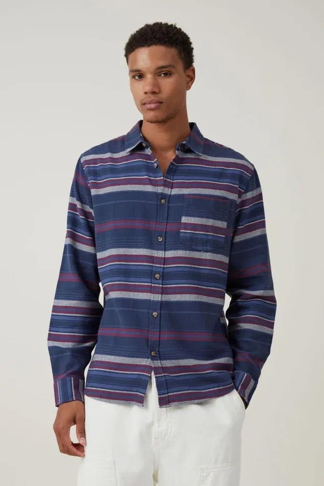 Men Shirts and Polos Cotton On Camden Long Sleeve Shirt Navy Stripe