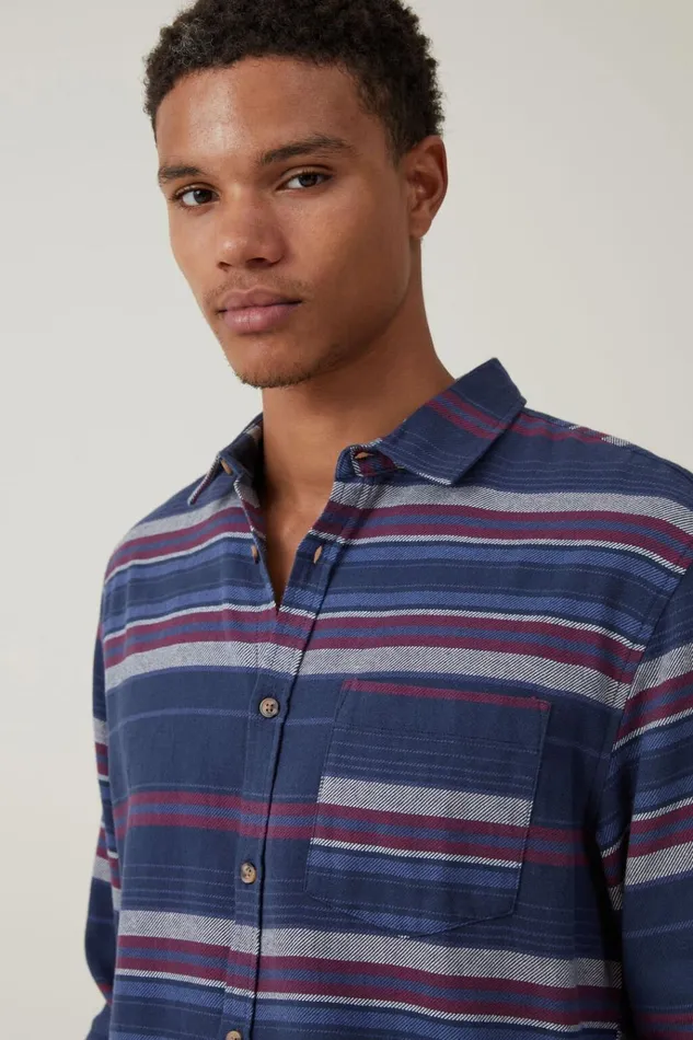 Men Shirts and Polos Cotton On Camden Long Sleeve Shirt Navy Stripe Men Shirts and Polos Cotton On Camden Long Sleeve Shirt Navy Stripe
