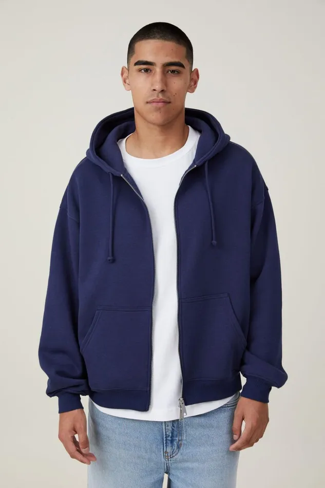 Men Sweats and Hoodies Cotton On Box Fit Zip Up Hoodie Indigo Two Way Zip