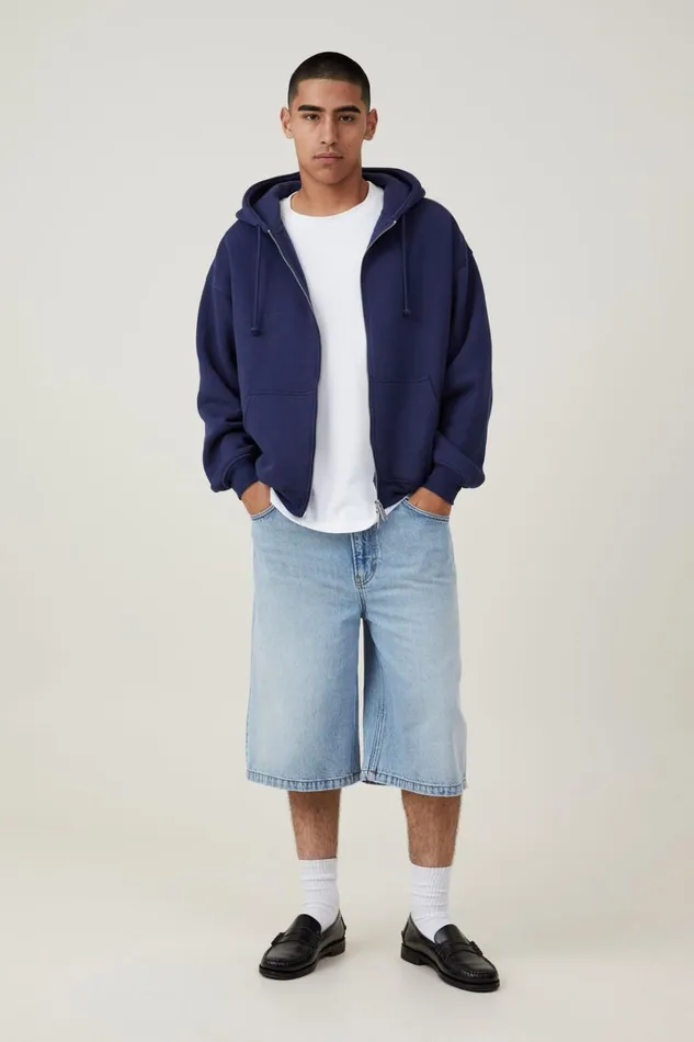 Men Sweats and Hoodies Cotton On Box Fit Zip Up Hoodie Indigo Two Way Zip Men Sweats and Hoodies Cotton On Box Fit Zip Up Hoodie Indigo Two Way Zip