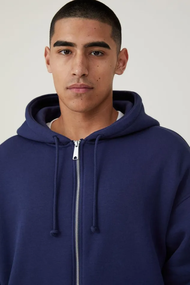 Men Sweats and Hoodies Cotton On Box Fit Zip Up Hoodie Indigo Two Way Zip Men Sweats and Hoodies Cotton On Box Fit Zip Up Hoodie Indigo Two Way Zip