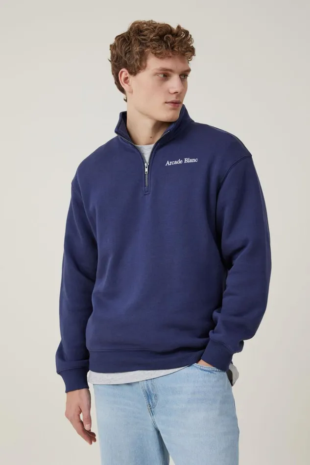 Men Sweats and Hoodies Cotton On Graphic 14 Zip Fleece Indigo Arcade Blanc
