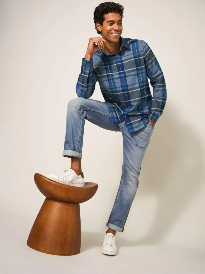 Men White Stuff Shirts Moxley Brushed Check Shirt Mid Blue Men White Stuff Shirts Moxley Brushed Check Shirt Mid Blue