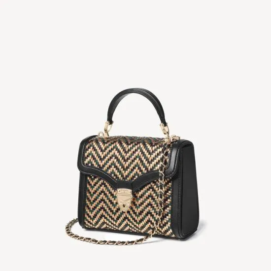 Midi Mayfair Bag Champagne Green and Black Woven Leather Women Aspinal Of London Shoulder