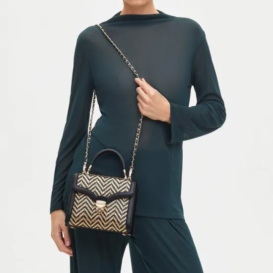 Midi Mayfair Bag Champagne Green and Black Woven Leather Women Aspinal Of London Shoulder