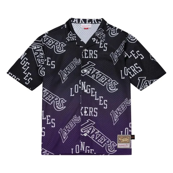 Mitchell and Ness Destination Leisure Button Up Shirt Los Angeles Lakers Men TShirts and Tops Mitchell and Ness Destination Leisure Button Up Shirt Los Angeles Lakers Men TShirts and Tops