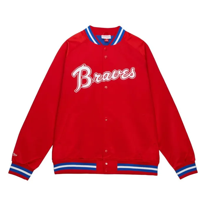 Mitchell and Ness Double Clutch Lightweight Satin Jacket Atlanta Braves Men Jackets and Outerwear Mitchell and Ness Double Clutch Lightweight Satin Jacket Atlanta Braves Men Jackets and Outerwear