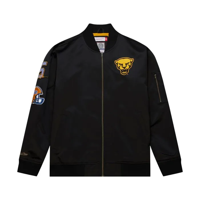 Mitchell and Ness NandN Lightweight Satin Bomber Current Logo University Of Pittsburgh Louis Riddick Men Jackets and Outerwear Mitchell and Ness NandN Lightweight Satin Bomber Current Logo University Of Pittsburgh Louis Riddick Men Jackets and Outerwear