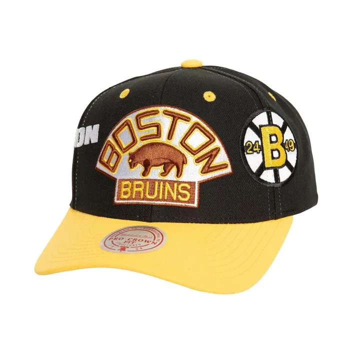 Mitchell and Ness Overbite Pro Snapback Vntg Boston Bruins Men Hats and Headwear Mitchell and Ness Overbite Pro Snapback Vntg Boston Bruins Men Hats and Headwear