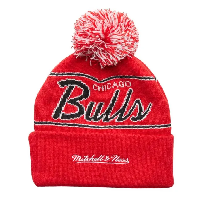 Mitchell and Ness Script Pom Beanie HWC Chicago Bulls Men Hats and Headwear Mitchell and Ness Script Pom Beanie HWC Chicago Bulls Men Hats and Headwear