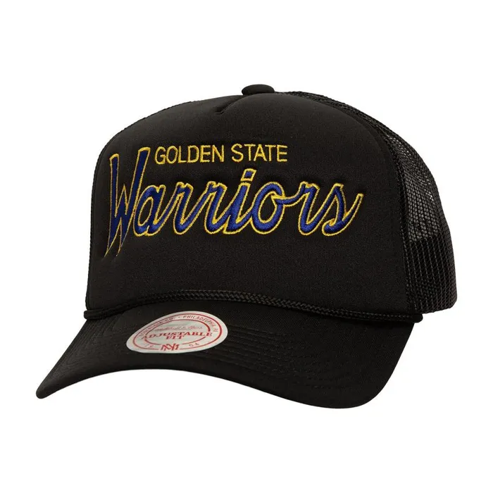 Mitchell and Ness Script Trucker HWC Golden State Warriors Men Hats and Headwear Mitchell and Ness Script Trucker HWC Golden State Warriors Men Hats and Headwear