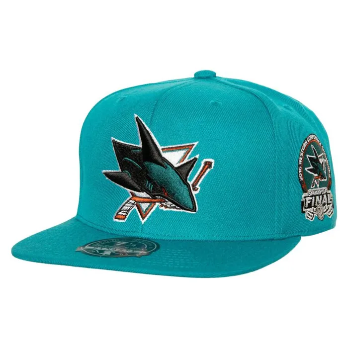 Mitchell and Ness Side Patch Fitted San Jose Sharks Men Hats and Headwear