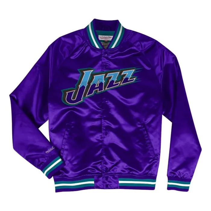 Mitchell and Ness Special Script Lightweight Satin Jacket Utah Jazz Men Jackets and Outerwear Mitchell and Ness Special Script Lightweight Satin Jacket Utah Jazz Men Jackets and Outerwear