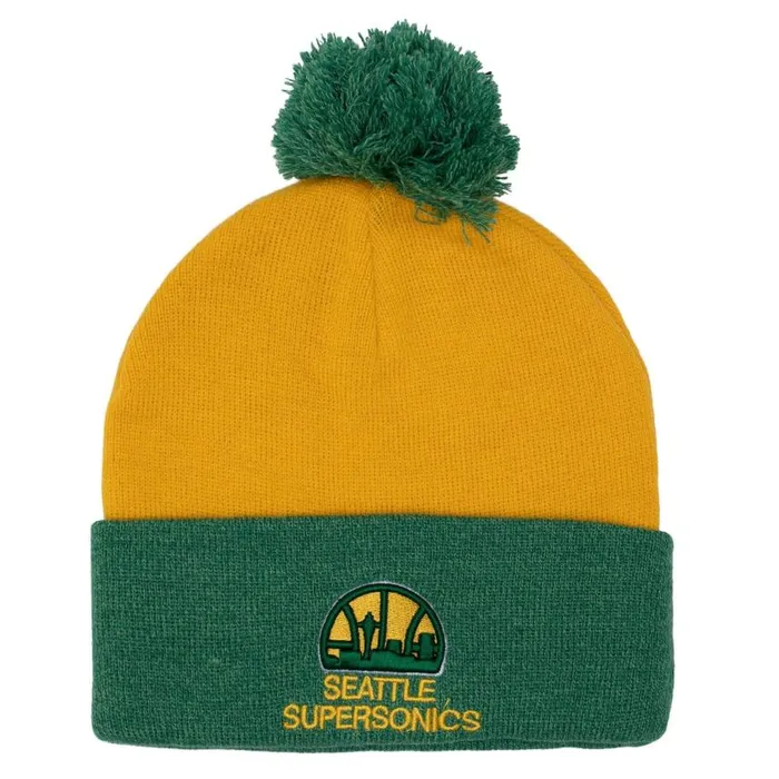Mitchell and Ness Two Tone Pom Beanie HWC Seattle Supersonics Men Hats and Headwear Mitchell and Ness Two Tone Pom Beanie HWC Seattle Supersonics Men Hats and Headwear