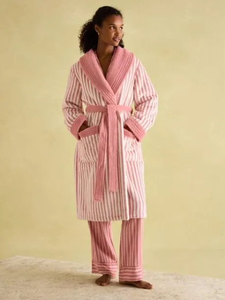 Nightwear Women Joules Pink and White Fleece Lined Striped Dressing Gown