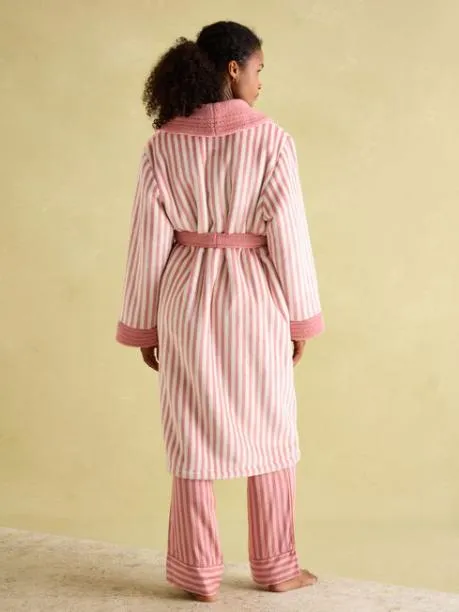 Nightwear Women Joules Pink and White Fleece Lined Striped Dressing Gown