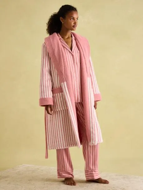 Nightwear Women Joules Pink and White Fleece Lined Striped Dressing Gown
