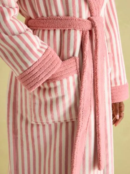 Nightwear Women Joules Pink and White Fleece Lined Striped Dressing Gown