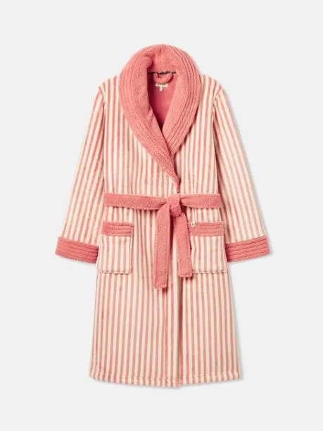 Nightwear Women Joules Pink and White Fleece Lined Striped Dressing Gown