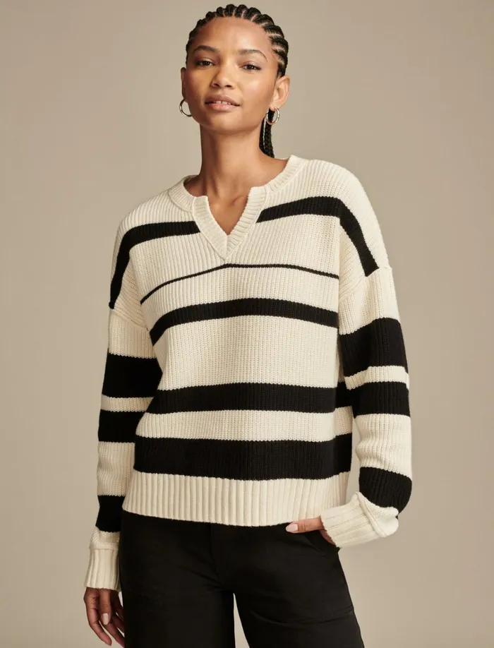 Notch Neck Pullover Tofublack Stripe Women Lucky Brand Sweaters and Sweatshirts