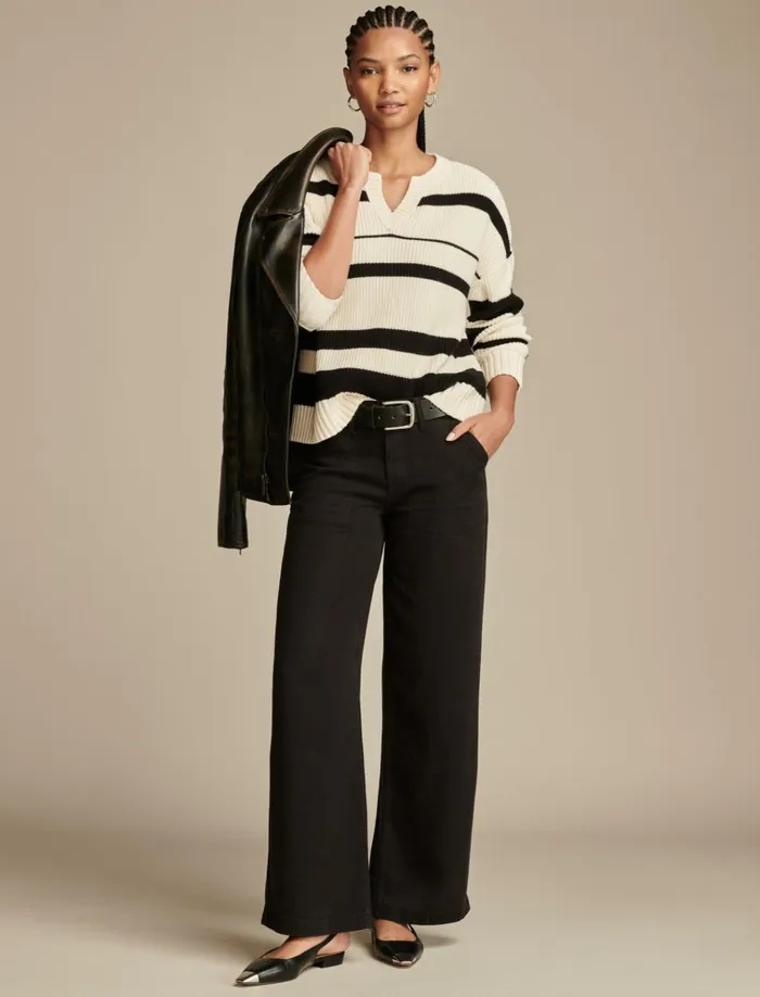 Notch Neck Pullover Tofublack Stripe Women Lucky Brand Sweaters and Sweatshirts