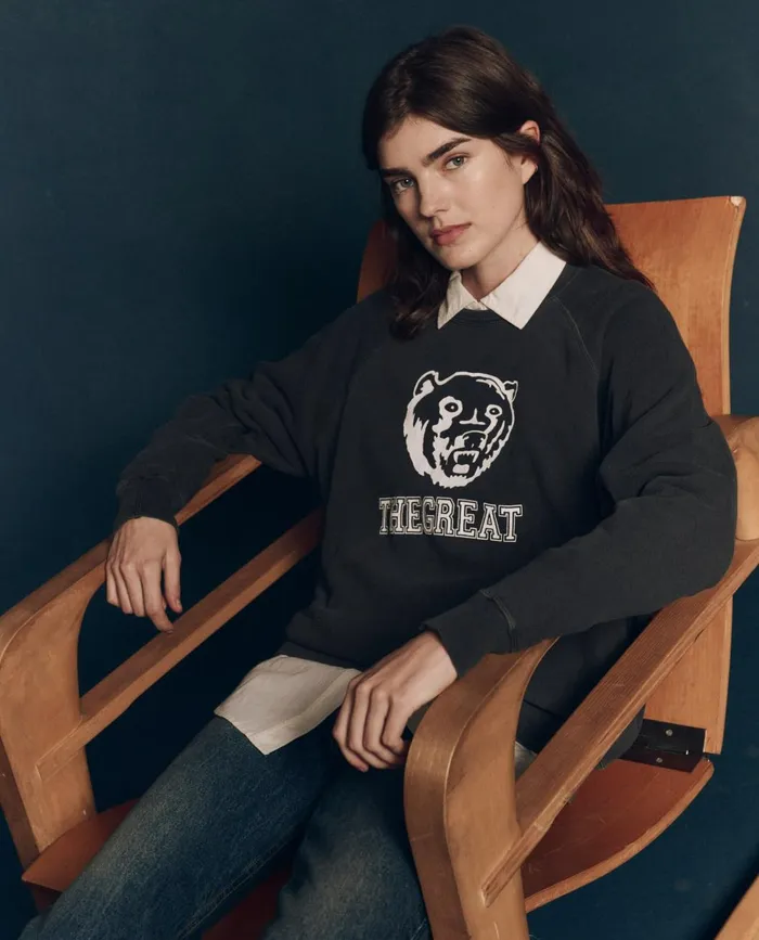 Novelty Tees and Sweats Women The Great The College Sweatshirt Graphic Washed Black With Bear Graphic