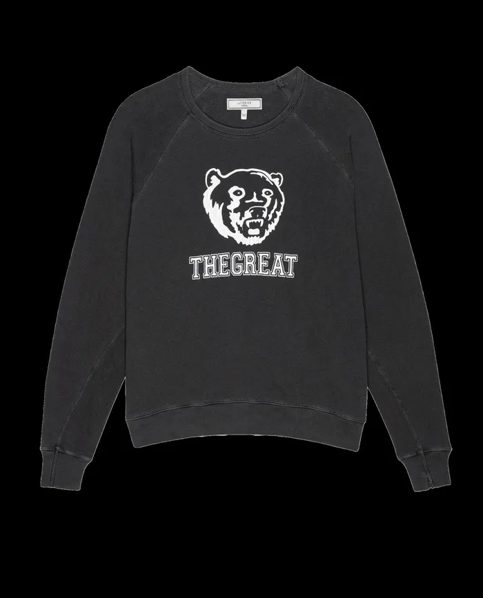 Novelty Tees and Sweats Women The Great The College Sweatshirt Graphic Washed Black With Bear Graphic Novelty Tees and Sweats Women The Great The College Sweatshirt Graphic Washed Black With Bear Graphic