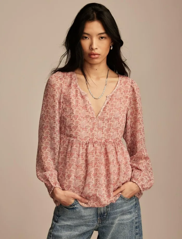 Open Neck Printed Peasant Top Rose Multi Women Lucky Brand Blouses