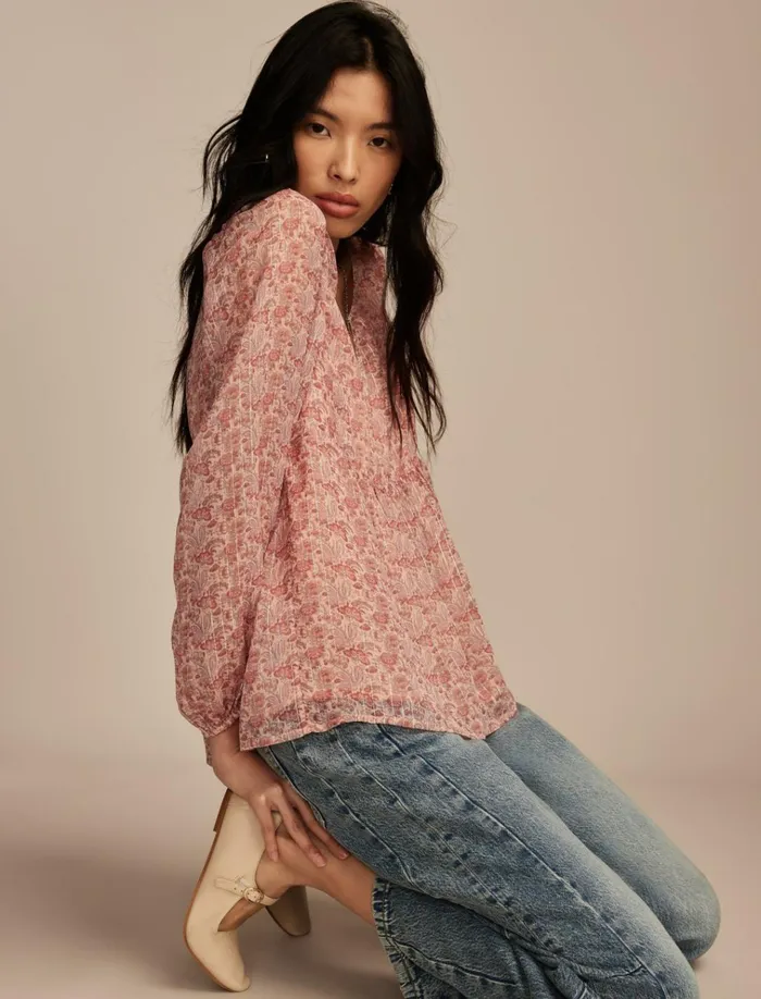 Open Neck Printed Peasant Top Rose Multi Women Lucky Brand Blouses