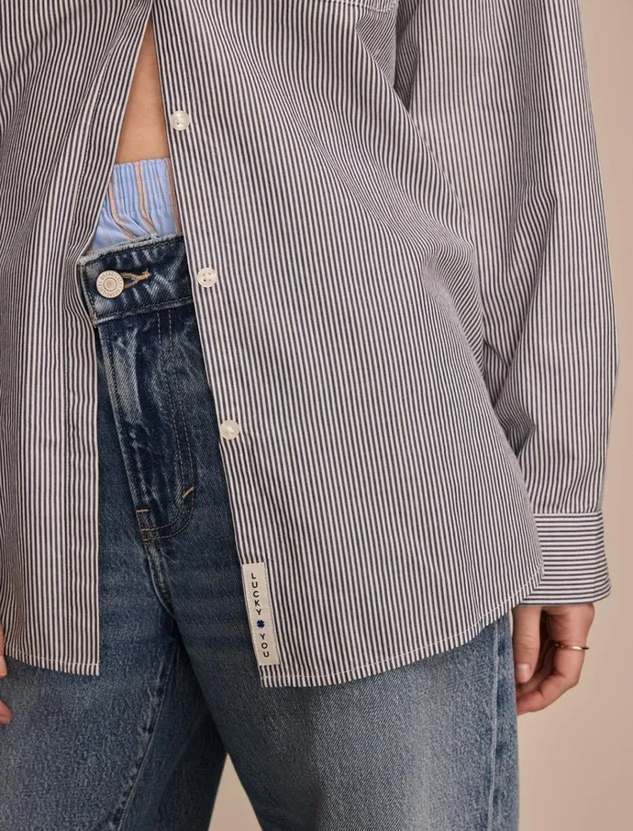 Oversized Button Back Top Navy Stripe Women Lucky Brand Blouses