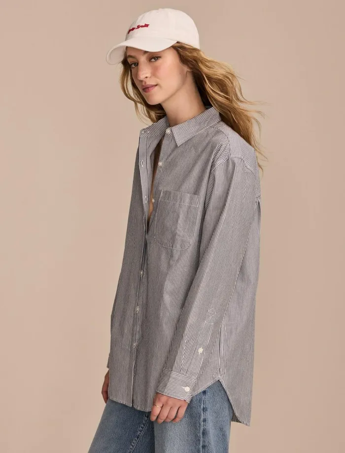Oversized Button Back Top Navy Stripe Women Lucky Brand Blouses