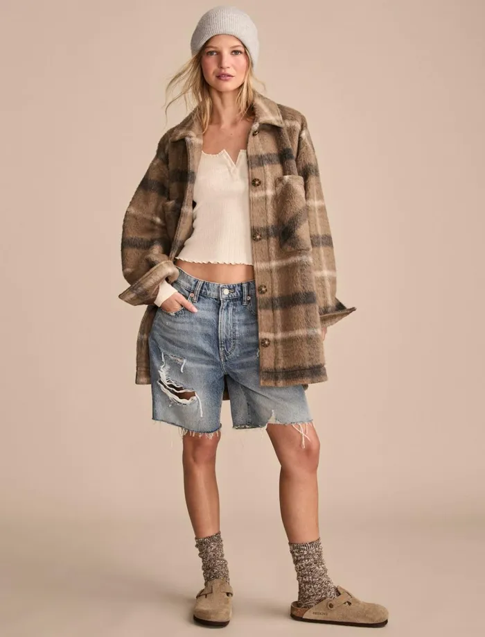Oversized Plaid Shirt Jacket Light Brown Plaid Women Lucky Brand Jackets and Outerwear