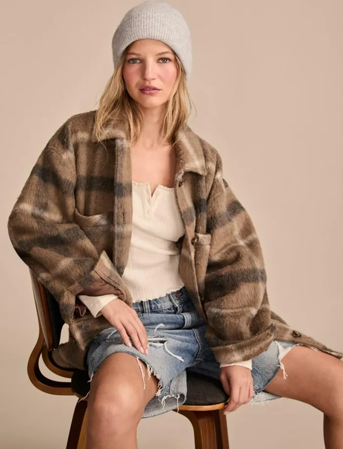 Oversized Plaid Shirt Jacket Light Brown Plaid Women Lucky Brand Jackets and Outerwear