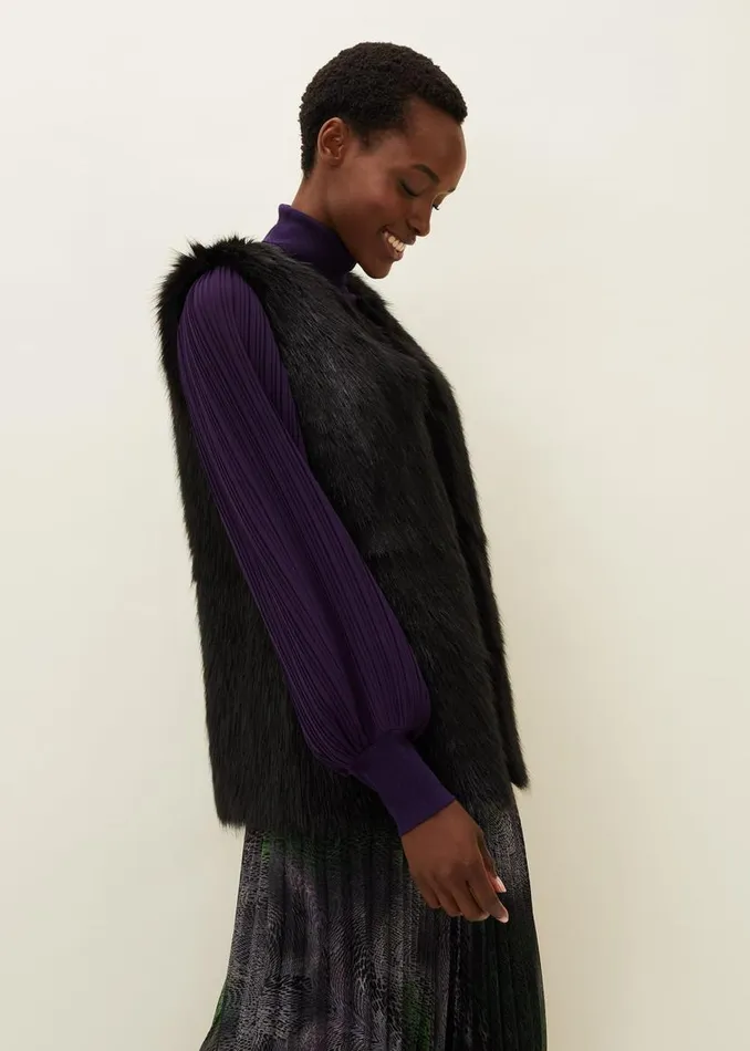 Phase Eight Coats Ella Longline Reversible Faux Fur Gilet Black 8211 Women